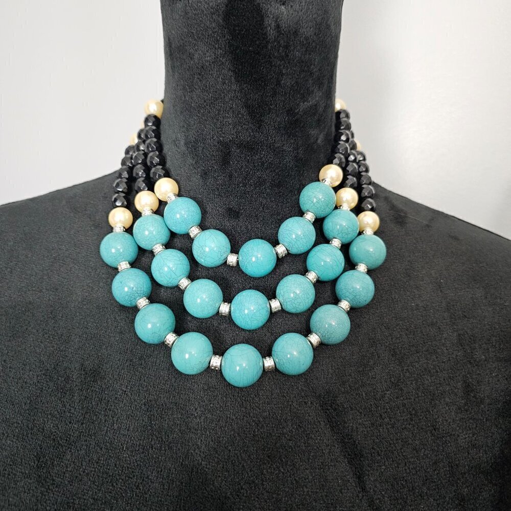Vintage AVON NRT 3 Strand Retro Faux Turquoise & Pearl Black Bead Necklace